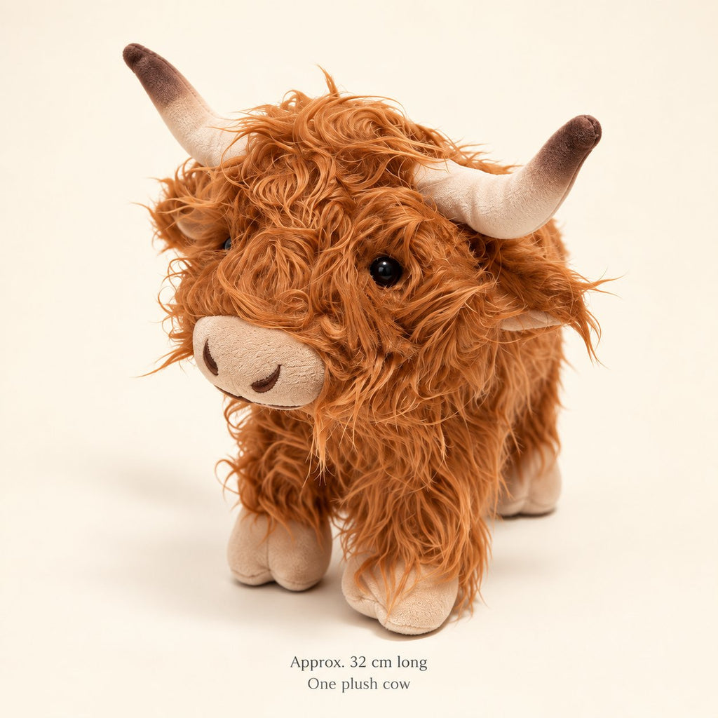 One brown standing Highland cow plush with approximate 32 cm length noted