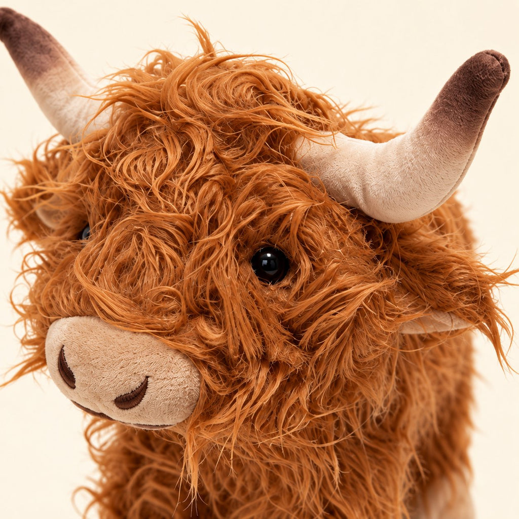 Close-up of curly brown plush fur, glossy eye, beige muzzle and dark-tipped horn