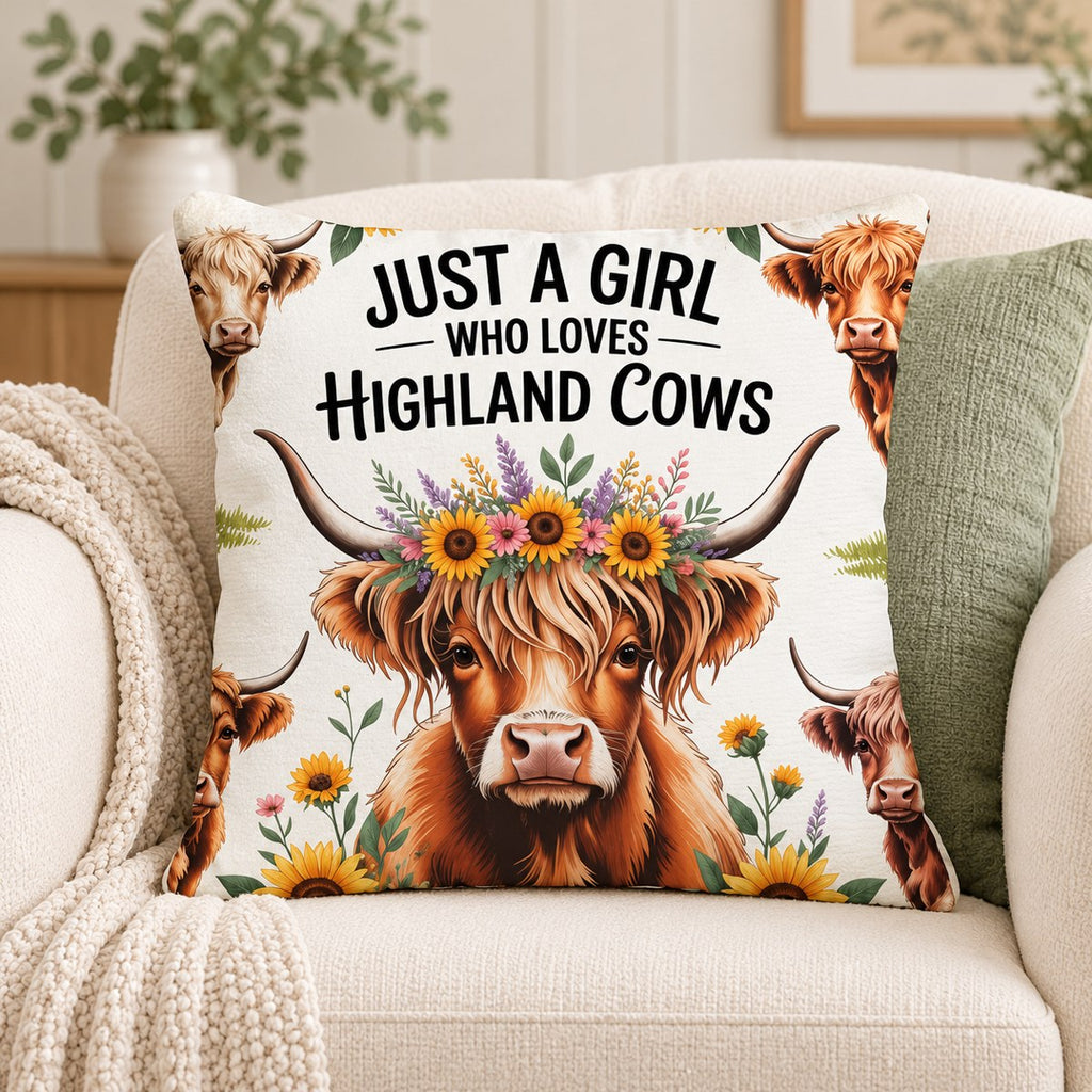Just a Girl Sunflower Highland Cow Cushion Cover – 45 cm