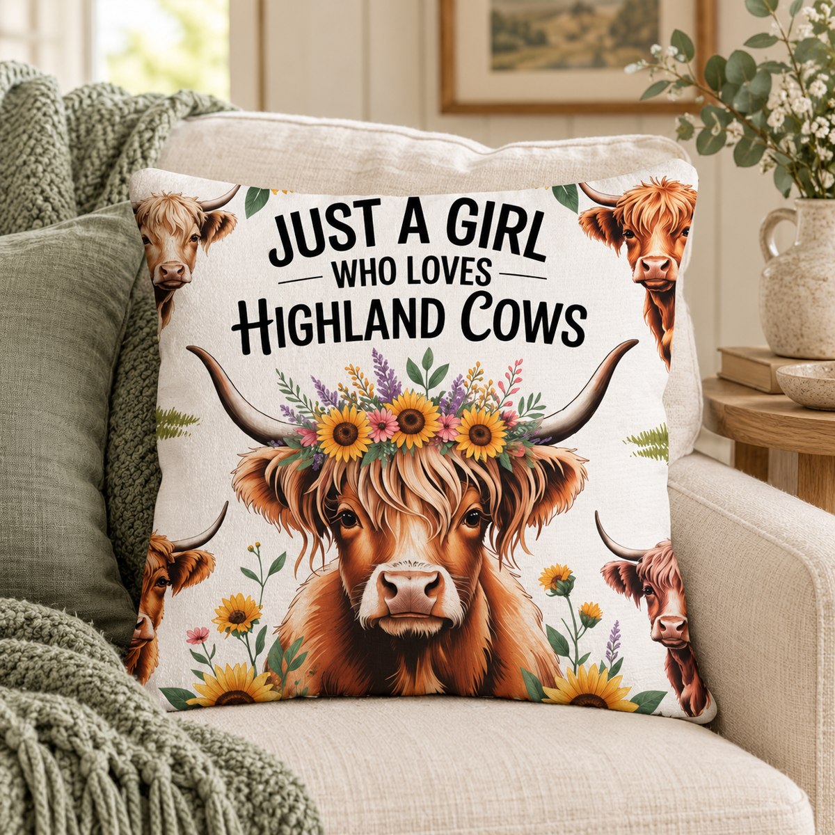 Just a Girl Sunflower Highland Cow Cushion Cover – 45 cm