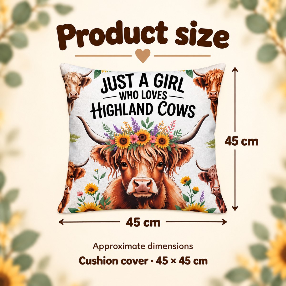 Just a Girl Sunflower Highland Cow Cushion Cover – 45 cm