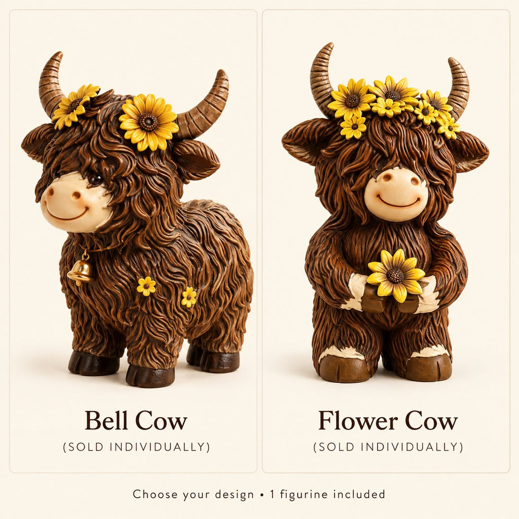 Bell Cow and Flower Cow design choices shown side by side; sold individually with one figurine included