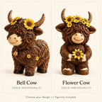 Bell Cow and Flower Cow design choices shown side by side; sold individually with one figurine included