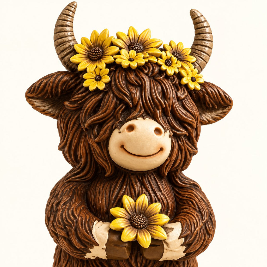 Close-up of the Flower Cow figurine’s smiling face, textured brown fur and sunflower details