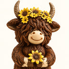 Close-up of the Flower Cow figurine’s smiling face, textured brown fur and sunflower details