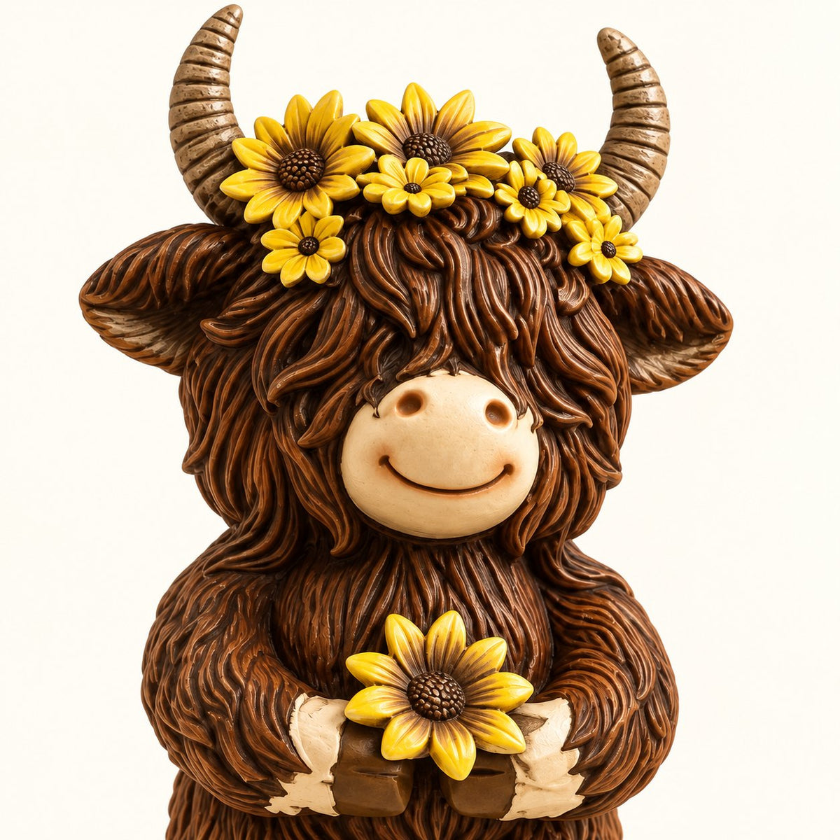 Close-up of the Flower Cow figurine’s smiling face, textured brown fur and sunflower details