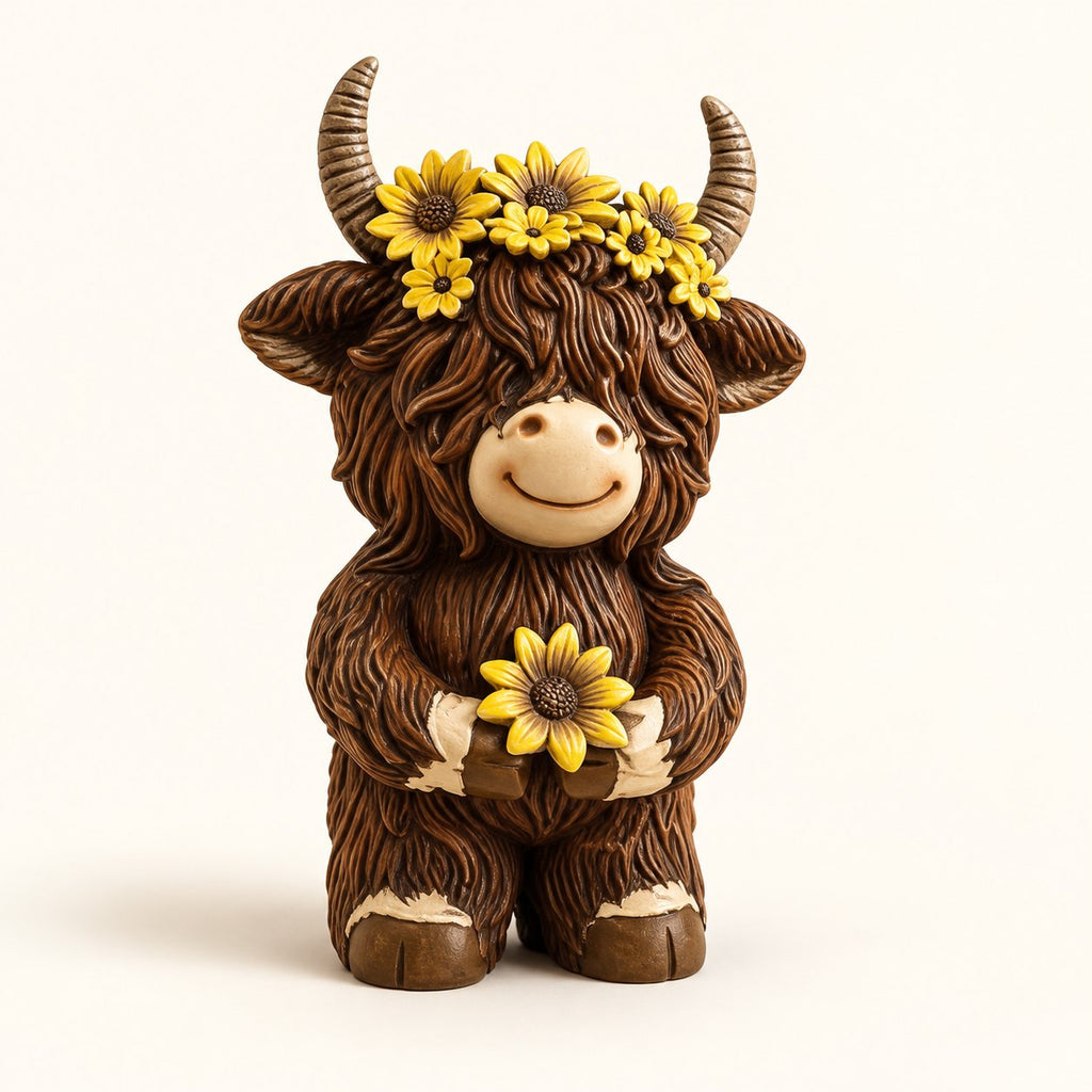 Flower Cow Highland cow figurine standing upright and holding a sunflower, with yellow flowers between its horns