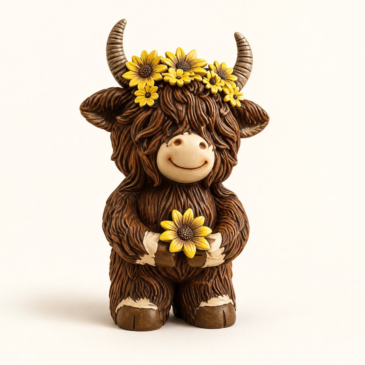Flower Cow Highland cow figurine standing upright and holding a sunflower, with yellow flowers between its horns
