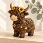 Sunflower Bell Cow figurine styled on a pale timber shelf with soft eucalyptus in the background