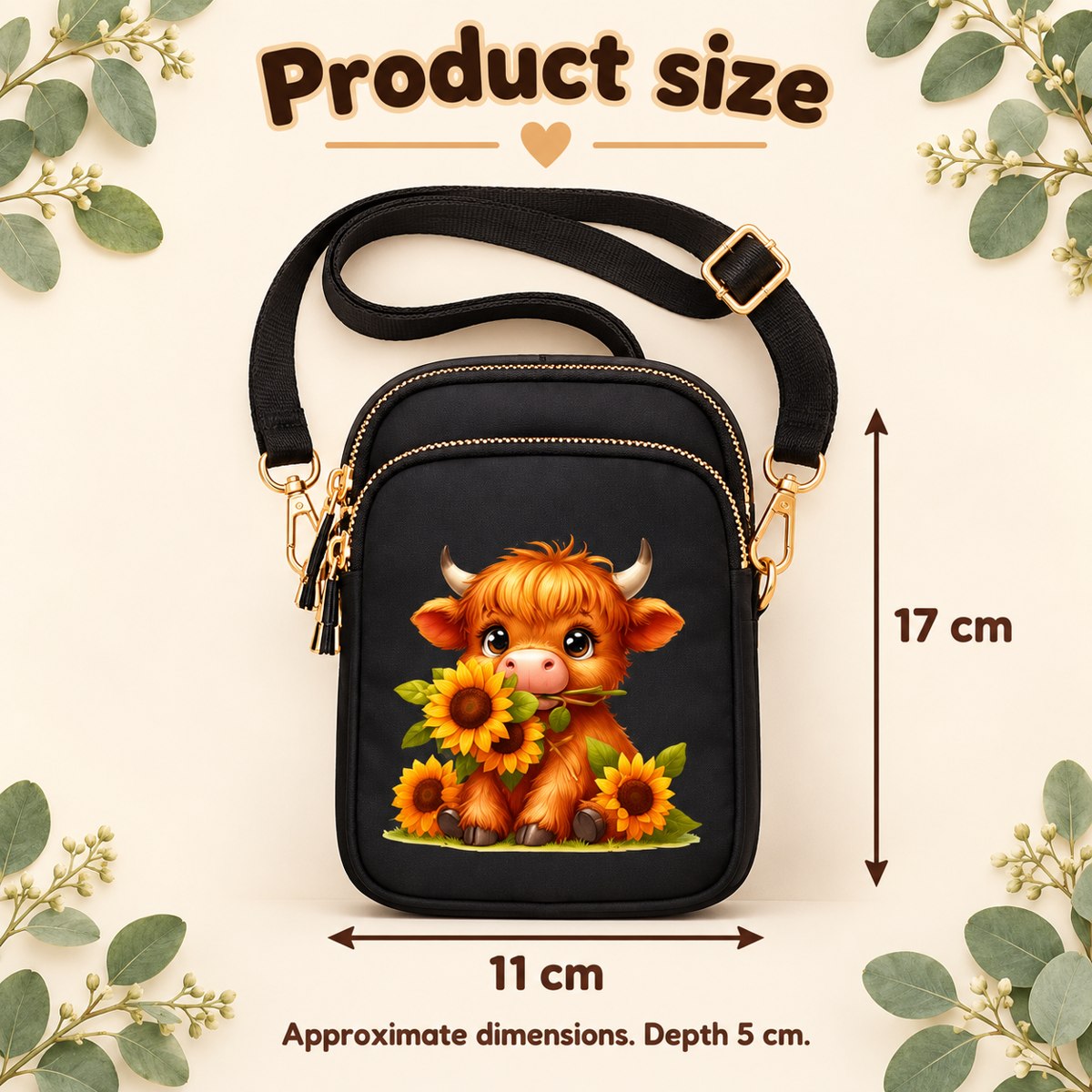 Sunflower Highland cow mini crossbody bag size guide: approximately 11 cm wide, 17 cm high and 5 cm deep.