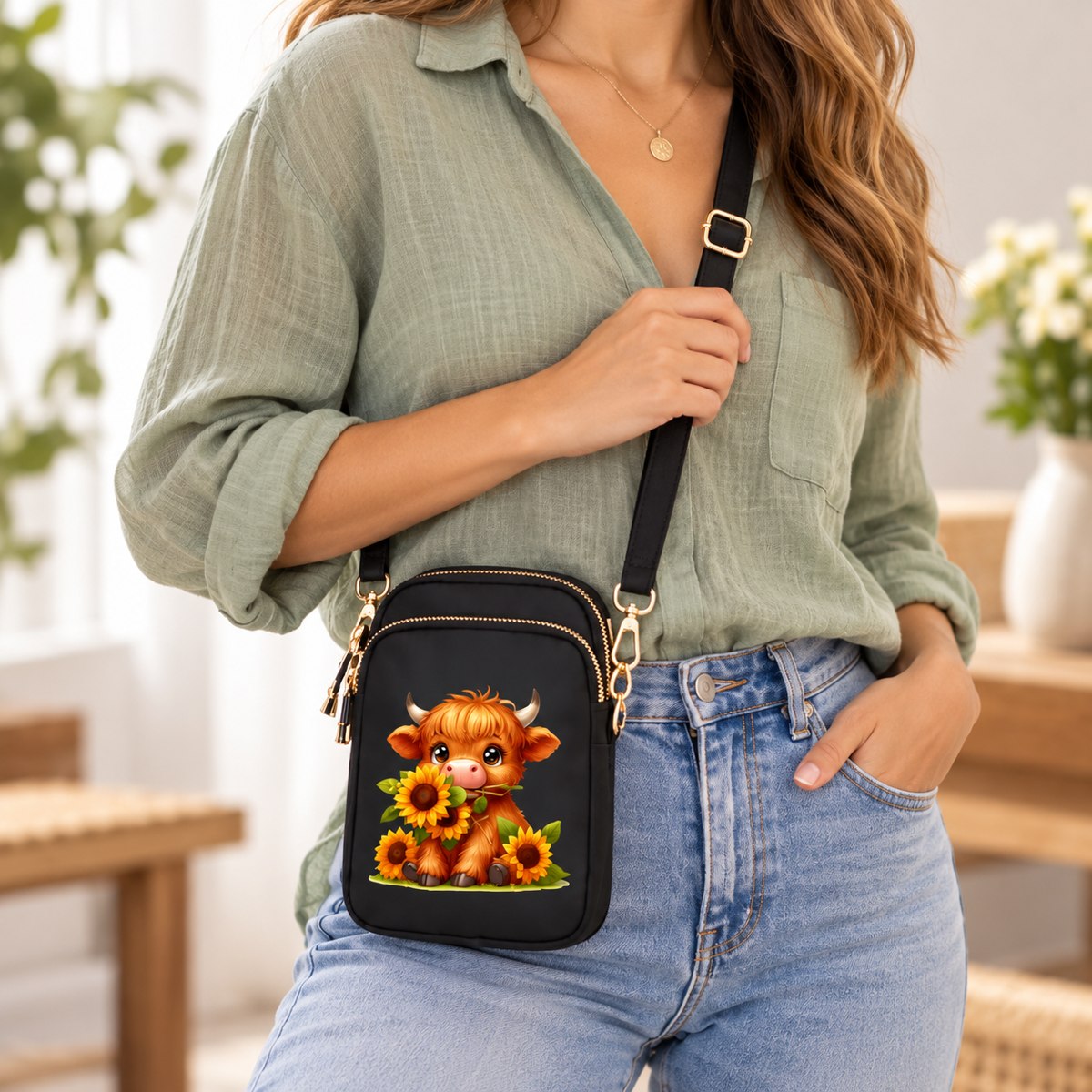 Sunflower Highland cow mini crossbody bag worn across the body to show its compact size and shoulder strap.