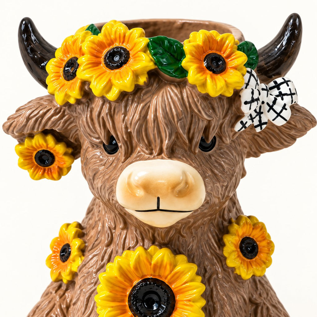 Close-up of the mini planter’s sunflower crown, patterned bow and sculpted Highland cow face
