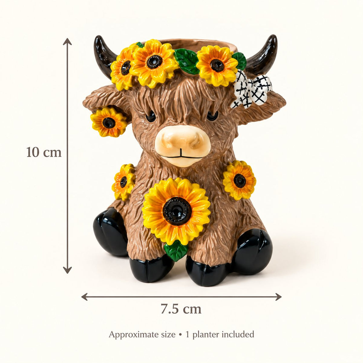Sunflower Highland cow mini planter size guide showing approximately 10 cm high and 7.5 cm wide; one planter included