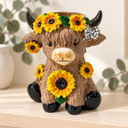 Sunflower Highland cow mini planter styled on a pale timber shelf with soft eucalyptus behind