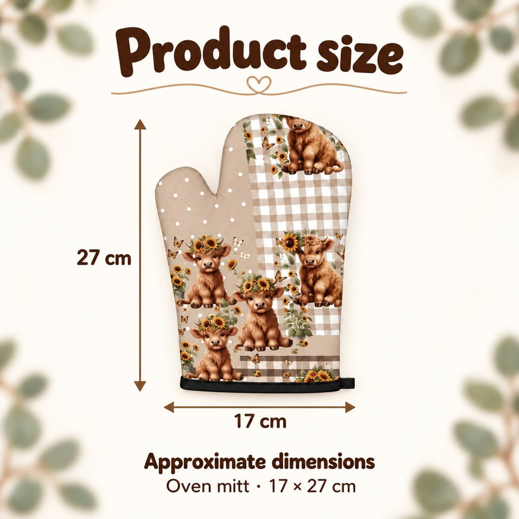 Sunflower patchwork Highland cow oven mitt size guide, approximately 17 cm wide and 27 cm long