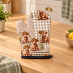 One sunflower patchwork Highland cow oven mitt in a warm country kitchen