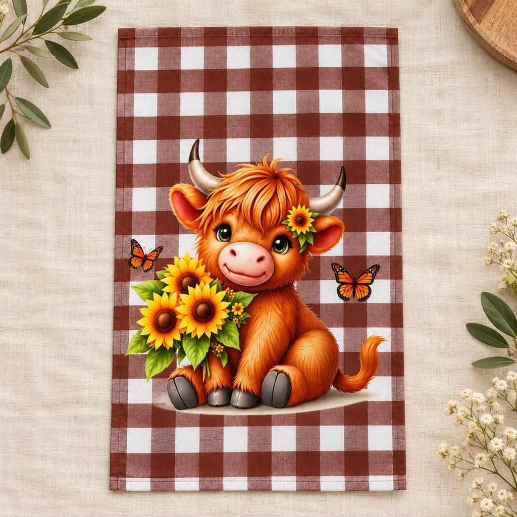 Sunflower Gingham Highland Cow Tea Towel – Choose Your Design