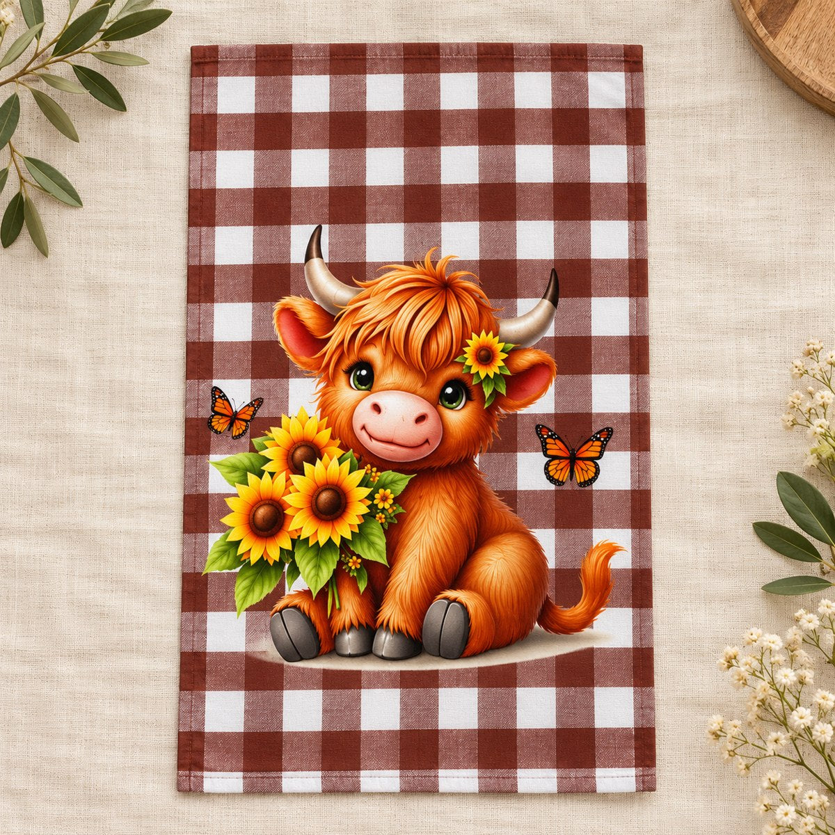 Sunflower Gingham Highland Cow Tea Towel – Choose Your Design