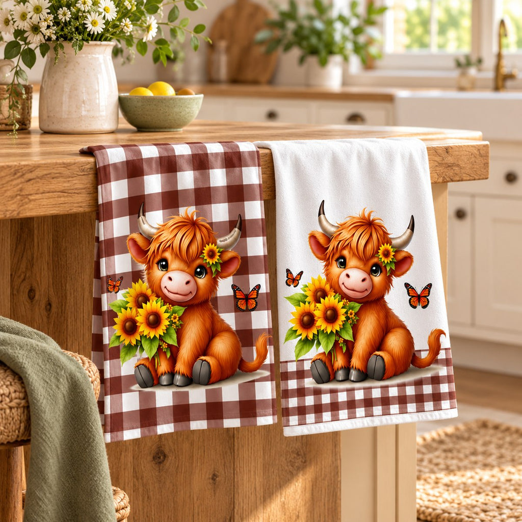 Sunflower Gingham Highland Cow Tea Towel – Choose Your Design