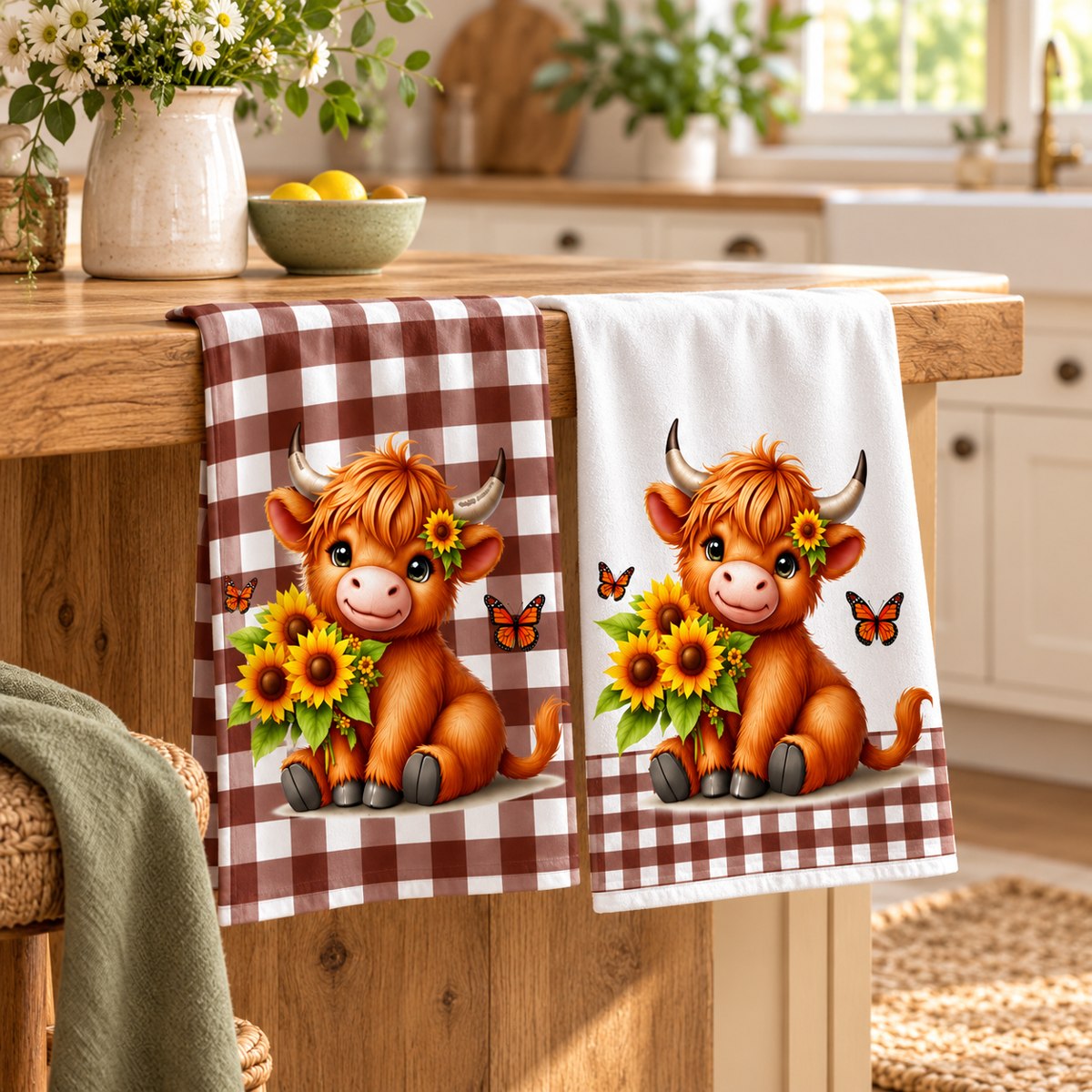 Sunflower Gingham Highland Cow Tea Towel – Choose Your Design