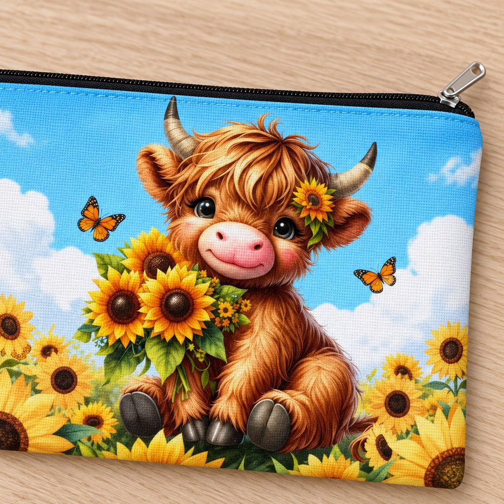 Blue Sunflower Highland Cow Makeup Pouch
