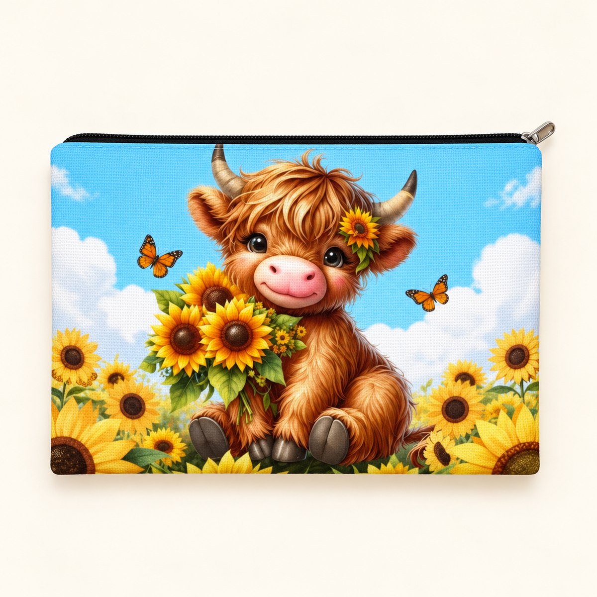 Blue Sunflower Highland Cow Makeup Pouch