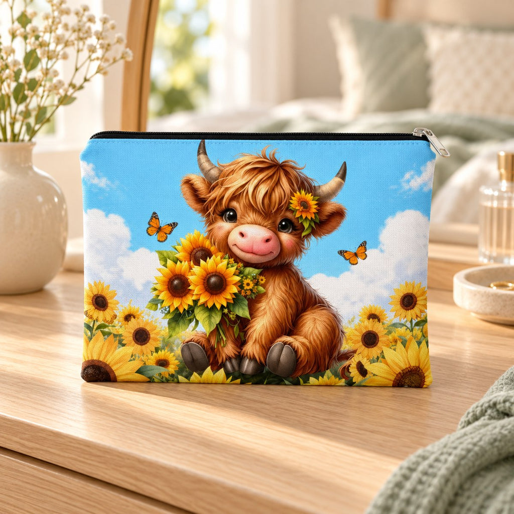 Blue Sunflower Highland Cow Makeup Pouch