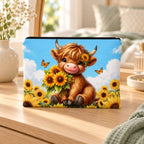Blue Sunflower Highland Cow Makeup Pouch