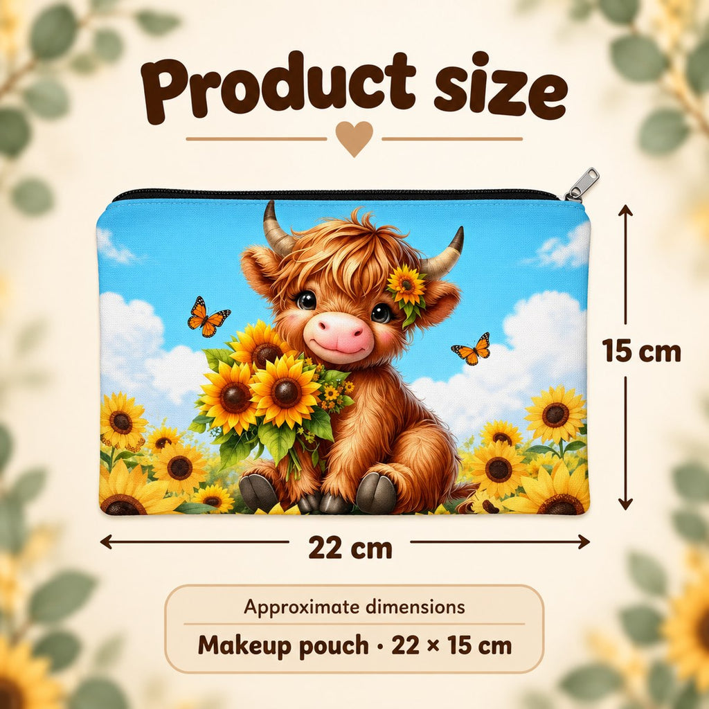 Blue Sunflower Highland Cow Makeup Pouch