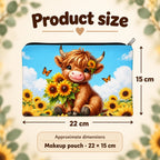 Blue Sunflower Highland Cow Makeup Pouch