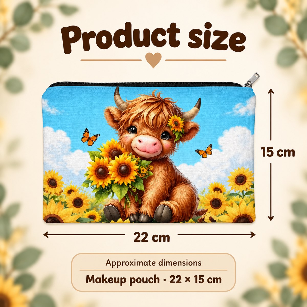 Blue Sunflower Highland Cow Makeup Pouch