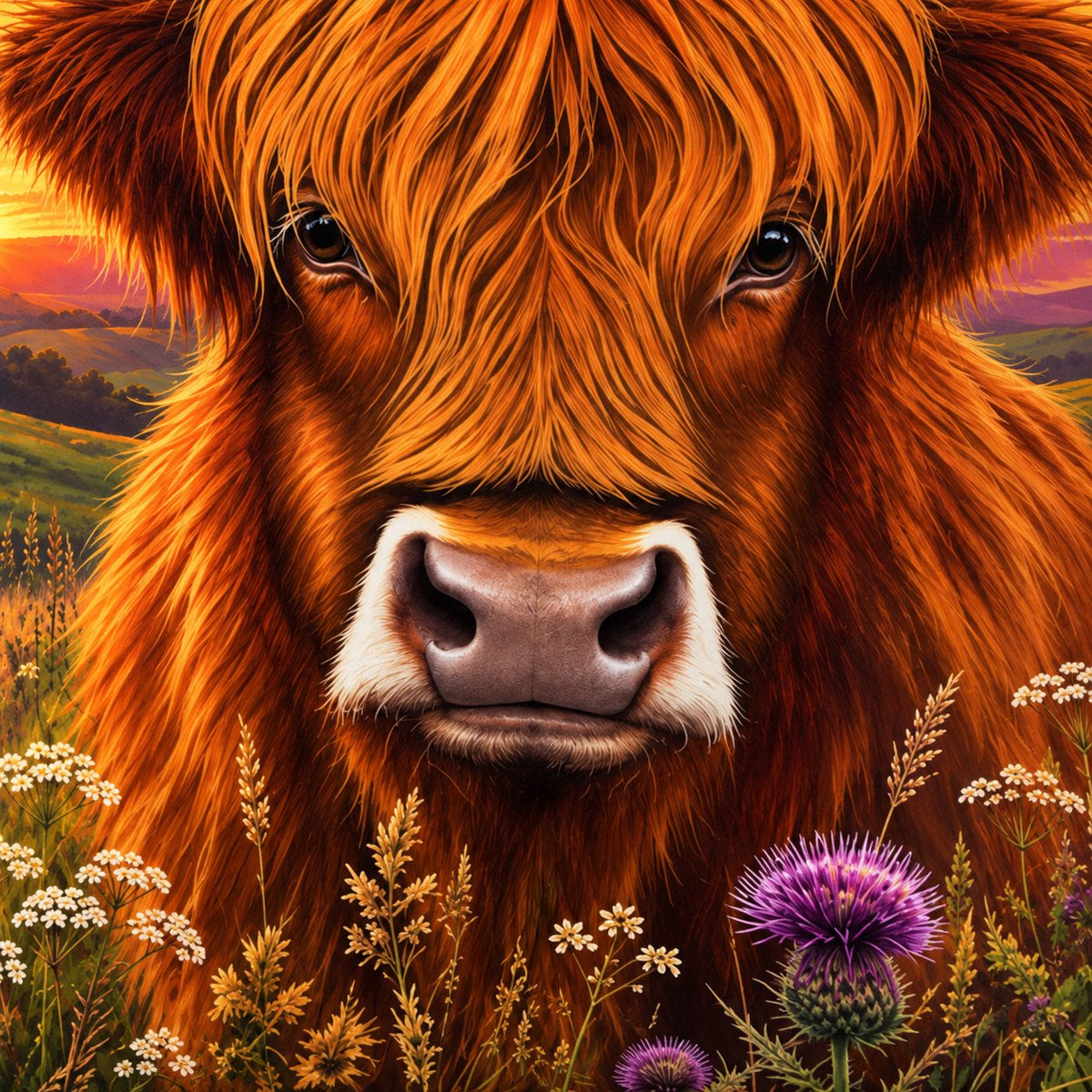 Close-up of the sunset cushion artwork showing the Highland cow’s shaggy fringe, muzzle and purple thistle print
