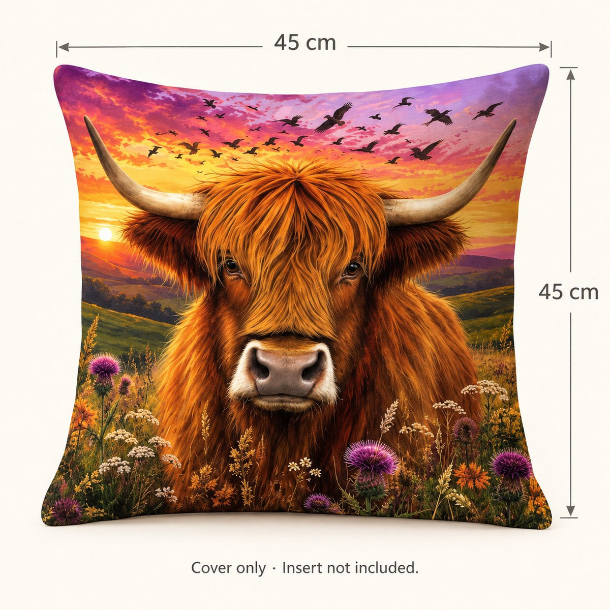Sunset Highland cow cushion cover with both dimensions marked 45 cm; insert not included