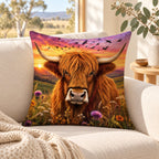 Sunset Highland cow cushion styled on a cream sofa beside pale timber and eucalyptus; cover only, props not included