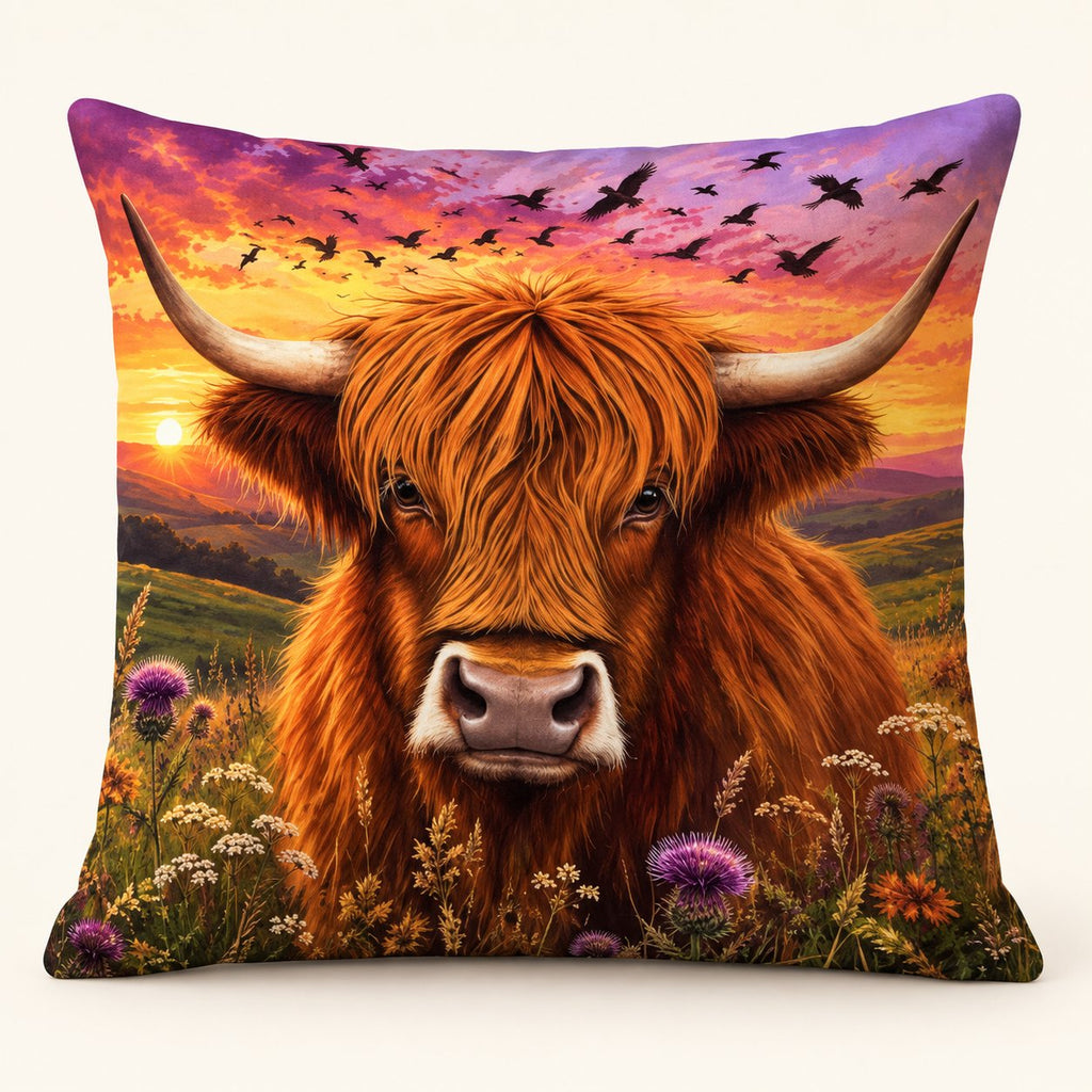 Sunset Highland cow cushion cover with purple thistles, flying birds and a golden sky, shown filled; insert not included