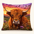 Sunset Highland cow cushion cover with purple thistles, flying birds and a golden sky, shown filled; insert not included