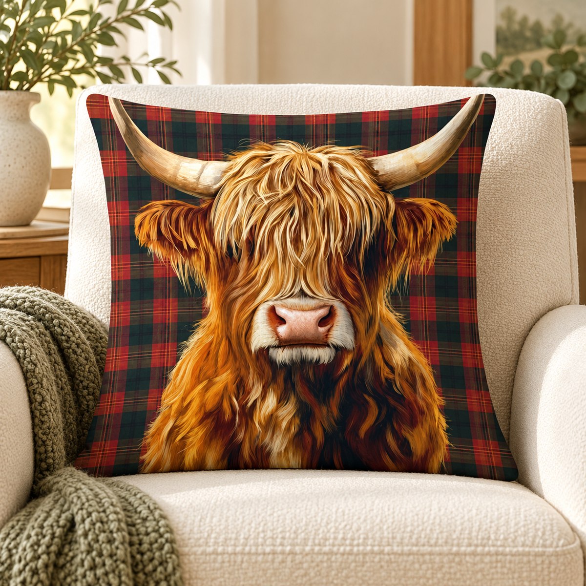 Tartan Highland Cow Cushion Cover — 45 cm