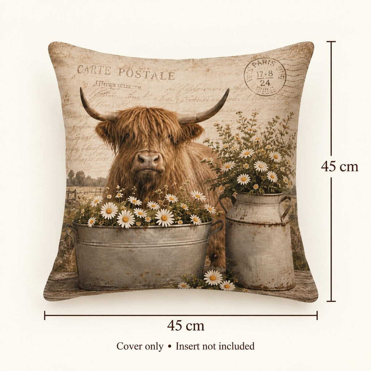 Vintage Highland cow cushion cover size guide showing approximately 45 × 45 cm; cover only, insert not included.