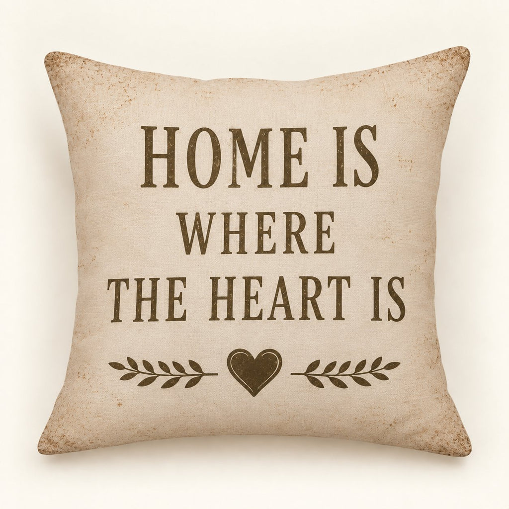 Cream vintage country cushion cover with Home Is Where the Heart Is lettering, heart and leafy details; insert not included.