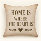 Cream vintage country cushion cover with Home Is Where the Heart Is lettering, heart and leafy details; insert not included.