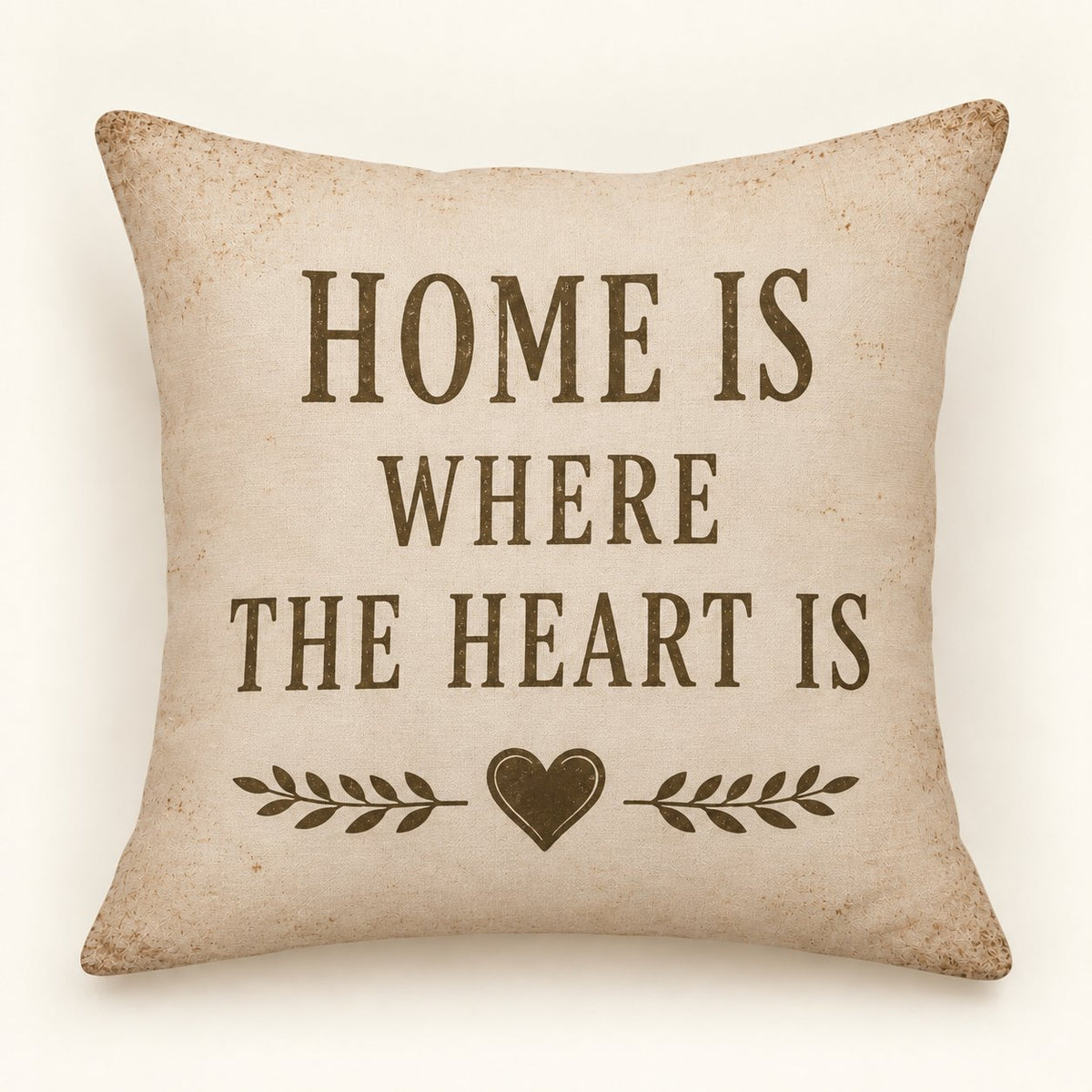 Cream vintage country cushion cover with Home Is Where the Heart Is lettering, heart and leafy details; insert not included.