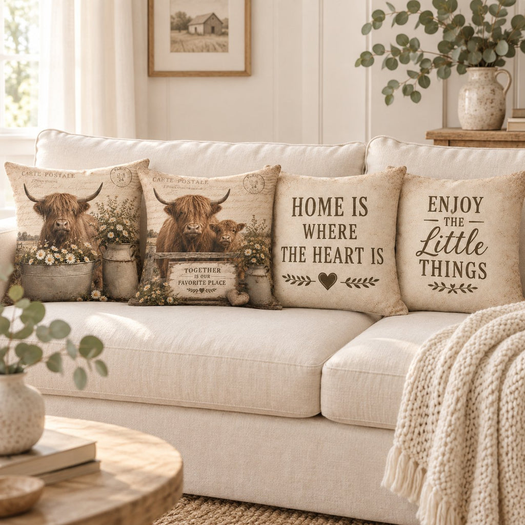 Four vintage Highland cow and country saying cushion designs styled together on a sofa; covers sold individually, inserts and decorative props not included.