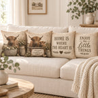 Four vintage Highland cow and country saying cushion designs styled together on a sofa; covers sold individually, inserts and decorative props not included.