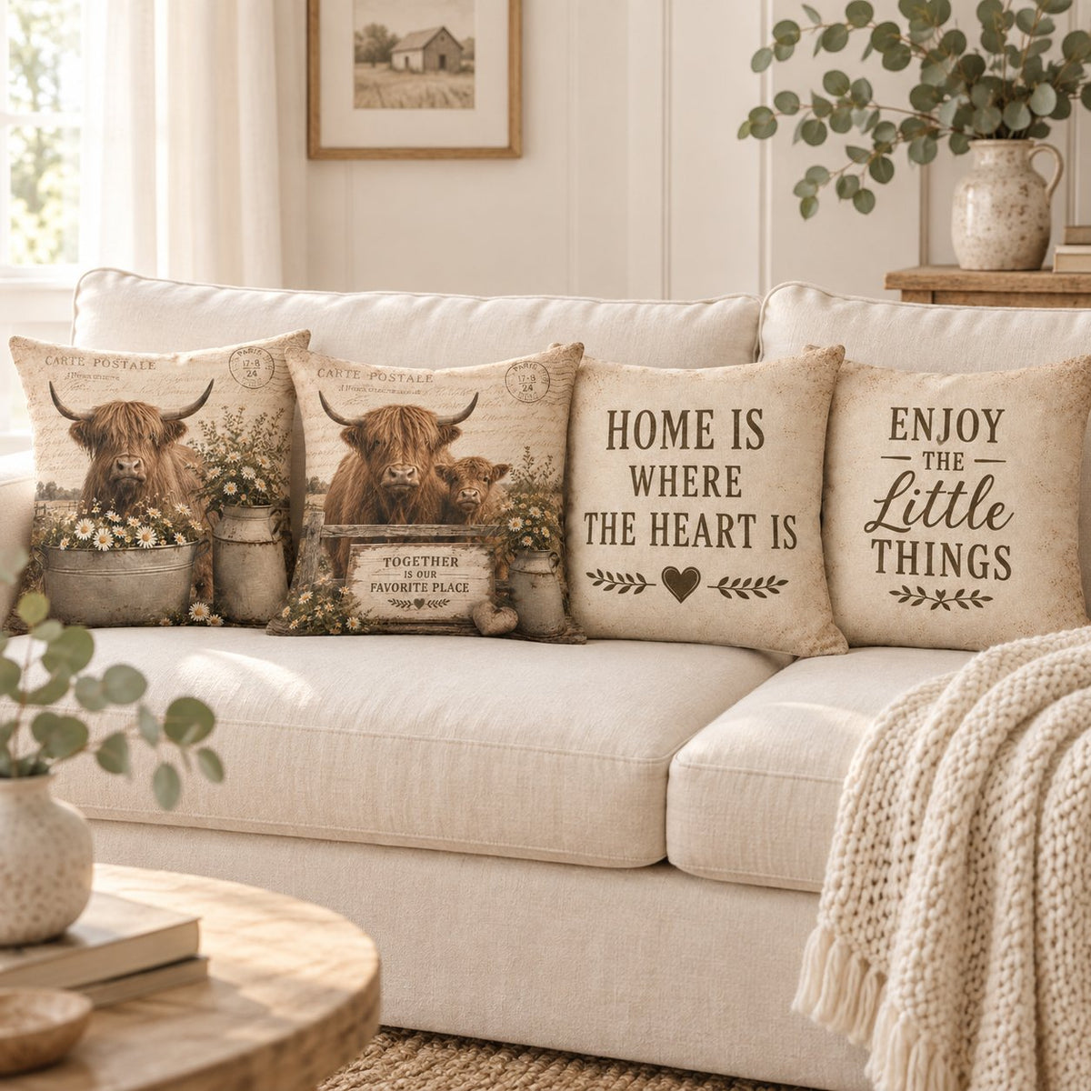 Four vintage Highland cow and country saying cushion designs styled together on a sofa; covers sold individually, inserts and decorative props not included.