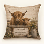 Vintage Highland cow and calf cushion cover with the wording Together Is Our Favorite Place; insert not included.