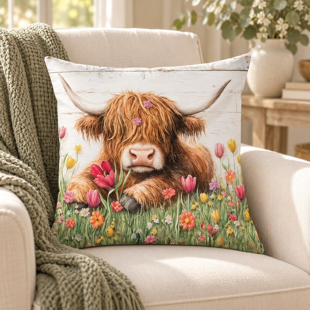 Floral Meadow Highland Cow Cushion Cover – Choose Your Design