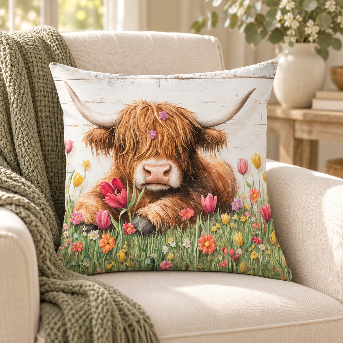 Floral Meadow Highland Cow Cushion Cover – Choose Your Design