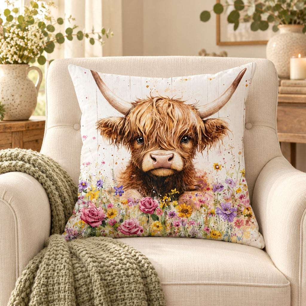 Floral Meadow Highland Cow Cushion Cover – Choose Your Design
