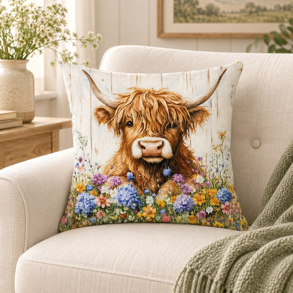 Floral Meadow Highland Cow Cushion Cover – Choose Your Design