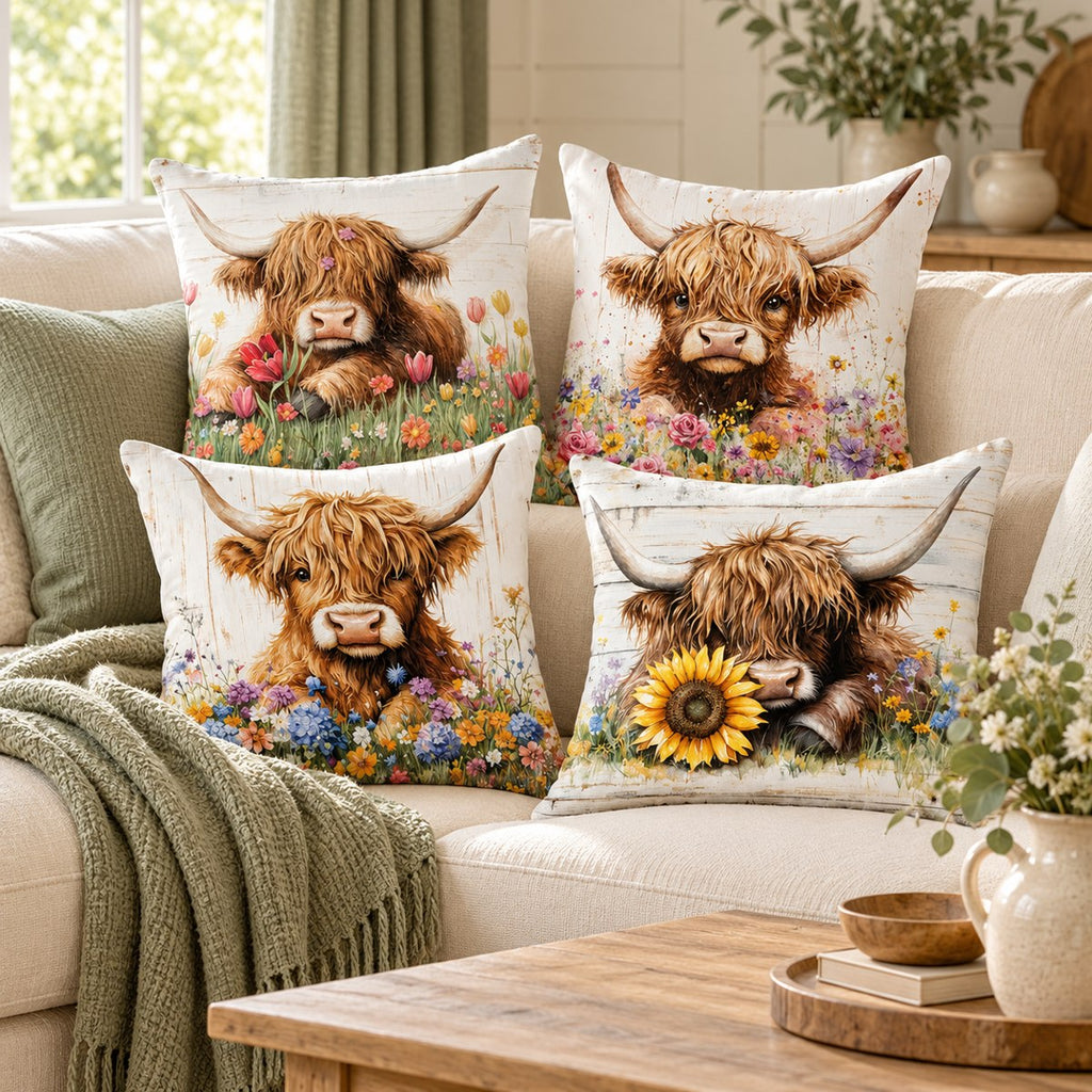 Floral Meadow Highland Cow Cushion Cover – Choose Your Design